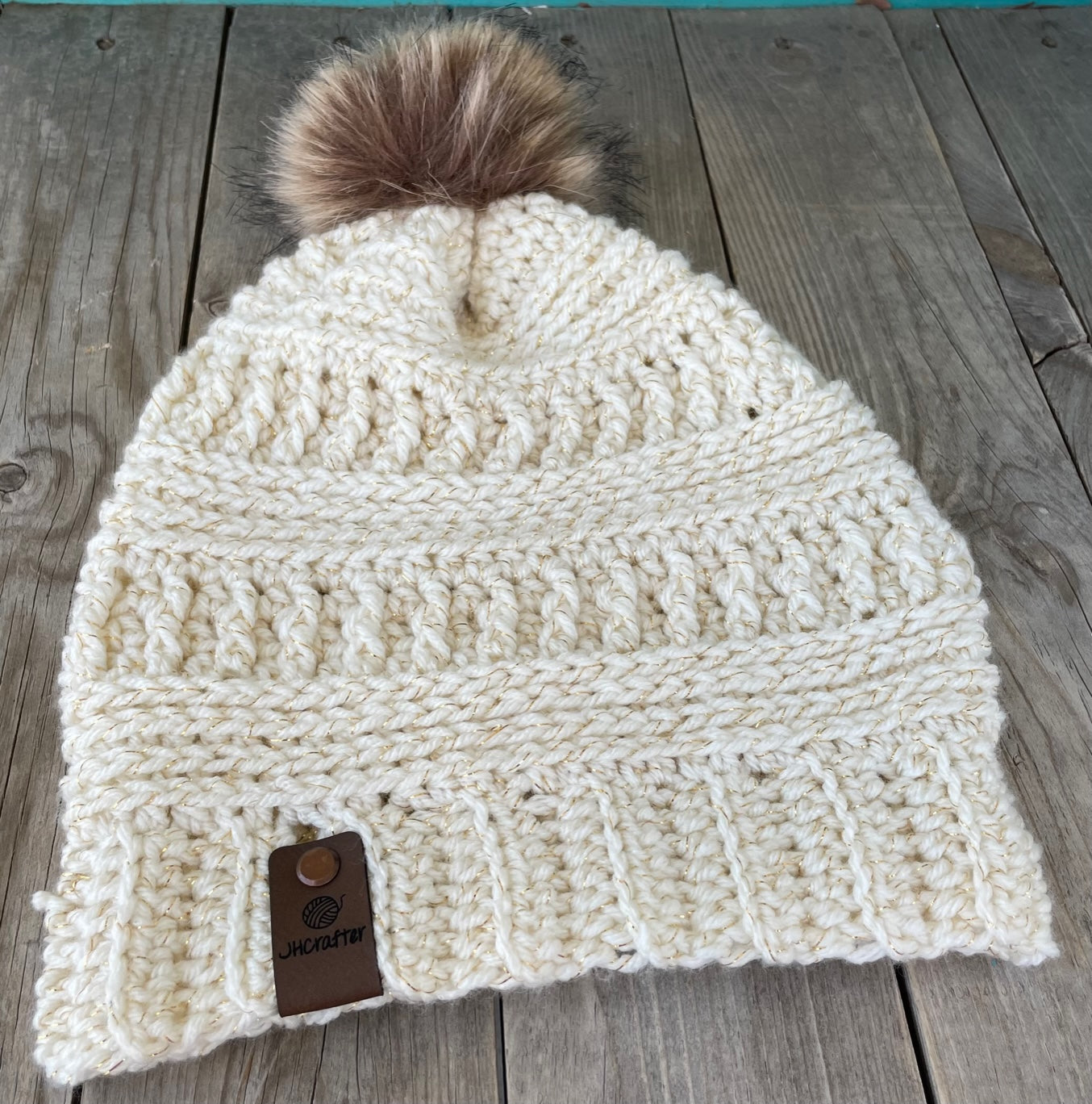 Gold Sparkle and Cream Puff Hat
